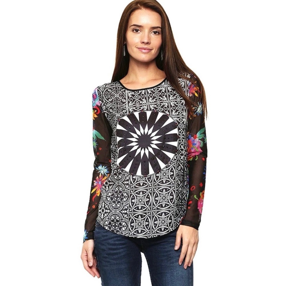 Desigual Mandala Floral print Long-Sleeve Top Blouse Size L artsy boho whimsical